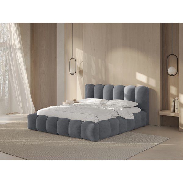 Pelēka polsterēta divvietīga gulta ar veļas kasti ar redelēm 140x200 cm Lupine – Micadoni -image-1