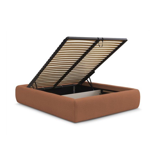 Oranža polsterēta divvietīga gulta ar veļas kasti/bez galvgaļa un ar redelēm 160x200 cm Inera – Bobochic Paris-image-3