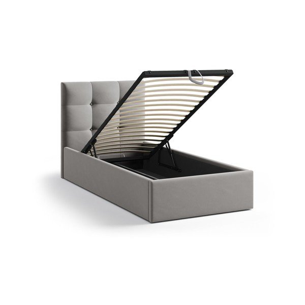 Pelēka polsterēta vienvietīga gulta ar veļas kasti un redelēm 90x200 cm Phaedra – Micadoni -image-1