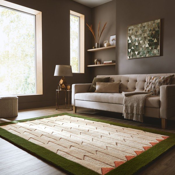 Zaļš/dabīga toņa ar rokām darināts vilnas paklājs 160x230 cm Apex Border Wool – Flair Rugs-image-1
