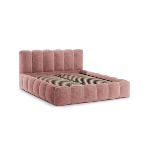 Rozā polsterēta divvietīga gulta ar veļas kasti ar redelēm 160x200 cm Lupine – Micadoni -image-3