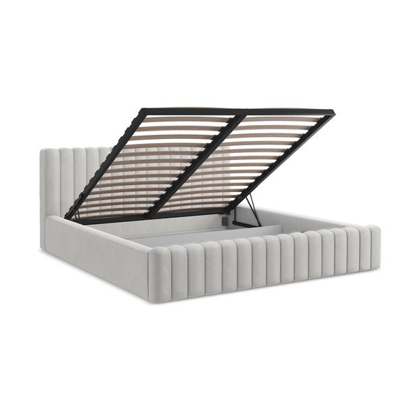 Sudraba krāsas polsterēta divvietīga gulta ar veļas kasti un redelēm 140x200 cm Lemi – Makamii-image-3