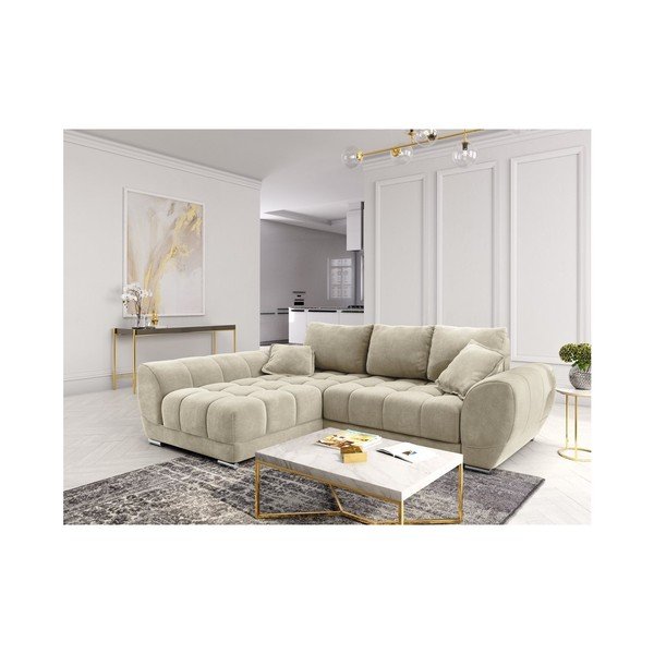 Bēšs samta izvelkamais stūra dīvāns ar veļas kasti Windsor & Co Sofas Nuage, kreisais stūris-image-1