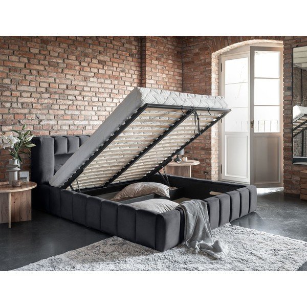 Pelēka polsterēta divvietīga gulta ar veļas kasti un ar redelēm 140x200 cm Lamica – ELTAP-image-4