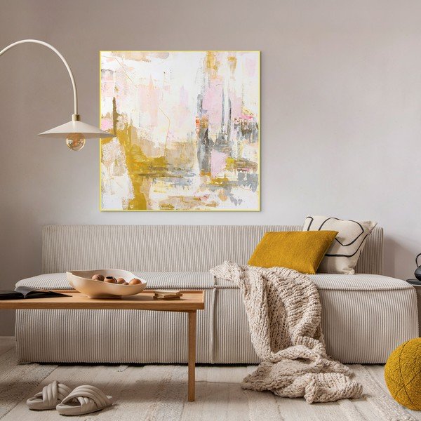 Drukāta glezna uz audekla ar rokām krāsotiem elementiem 102x102 cm New Age Yellow – Malerifabrikken-image-1