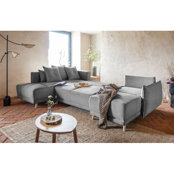 Pelēks velveta salokāms stūra dīvāns (ar kreiso stūri/U veida) Lazy Lukka – Miuform-image-1