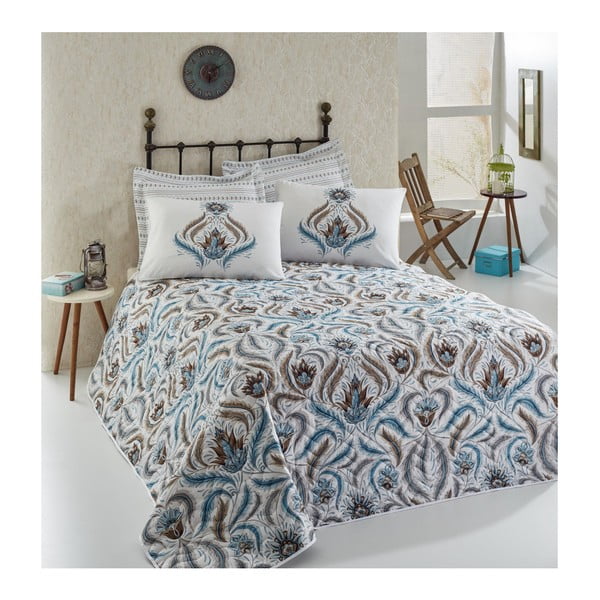 Turkīza stepēts viegls divguļamās gultas pārklājs ar spilvendrānām Evassa, 200 x 220 cm