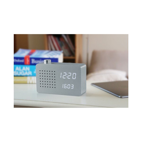 Pelēks modinātājs ar baltu LED displeju un radio Gingko Radio Click Clock-image-2