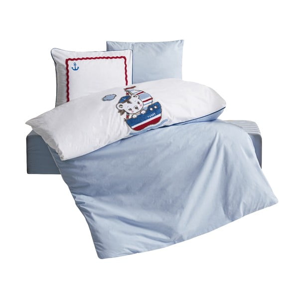 Balta/zila kokvilnas bērnu gultas veļa ar palagu 100x150 cm Miniyo – Mijolnir