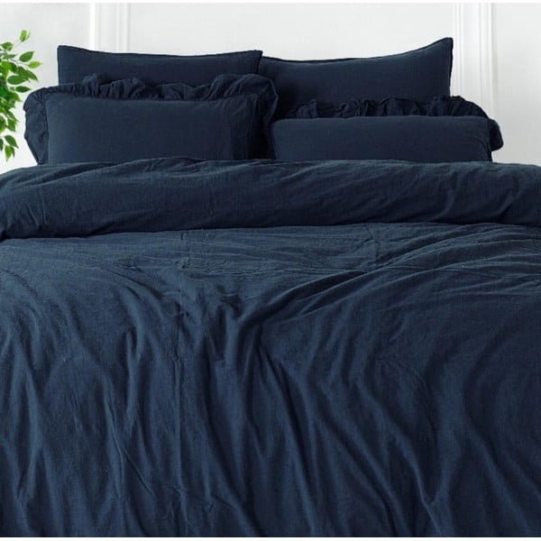 Tumši zila vienguļamā gultas veļa no ranforce kokvilnas 140x200 cm Ruffle Striped – Mila Home Luxury-image-2