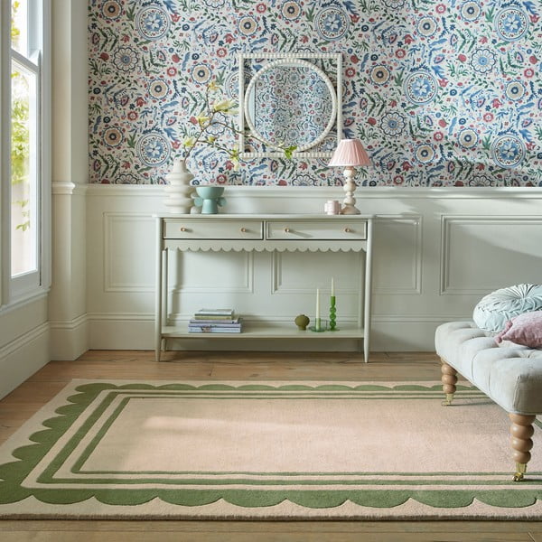 Zaļš/dabīga toņa ar rokām darināts vilnas paklājs 120x170 cm Lois Scallop – Flair Rugs-image-1