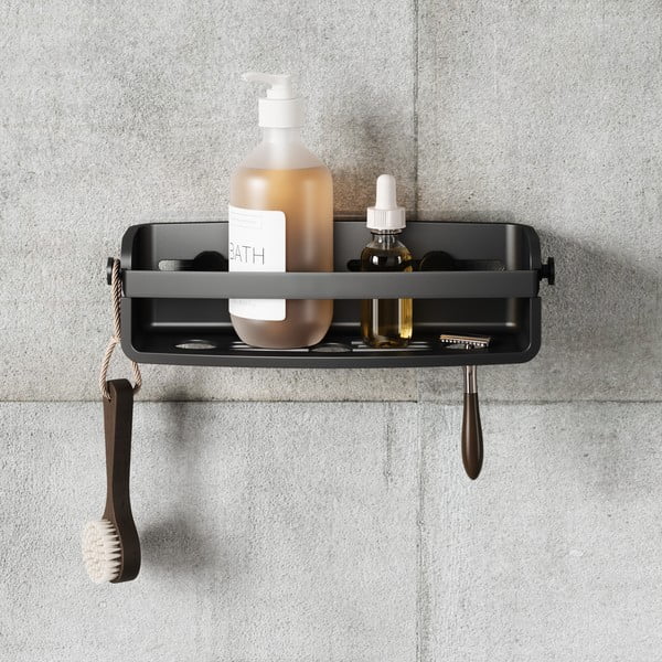 Melns plastmasas vannas istabas plaukts ar uzstādīšanu bez urbšanas Flex Adhesive – Umbra-image-3