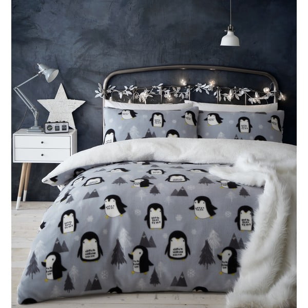 Pelēka vilnas gultasveļa 200x135 cm Omulīgs pingvīns – Catherine Lansfield