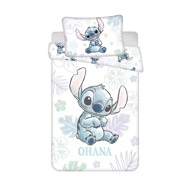 Balta kokvilnas bērnu gultas veļa 100x135 cm Lilo and Stitch "Ohana White" – Jerry Fabrics