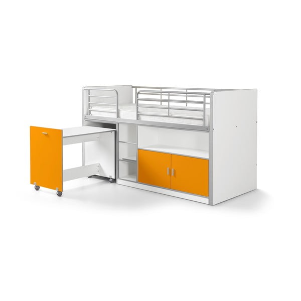 Balta un oranža divstāvu gulta ar izvelkamu galdu un uzglabāšanas vietu Vipack, 200 x 90 cm