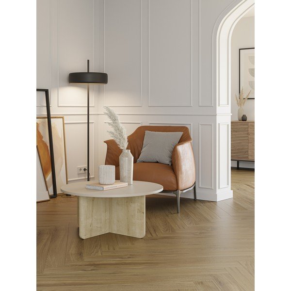 Krēmkrāsas/dabīga toņa apaļš žurnālgaldiņš ar ozolkoka imitāciju ø 80 cm Hillary – Marckeric-image-1