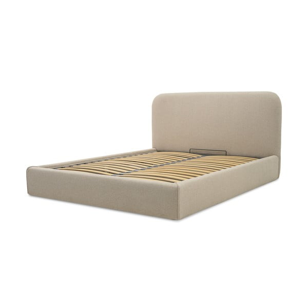 Bēša polsterēta divvietīga gulta ar veļas kasti un redelēm 180x200 cm Sea – Scandic