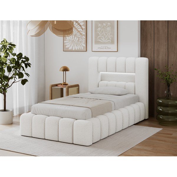 Krēmkrāsas polsterēta vienvietīga gulta ar veļas kasti ar redelēm 90x200 cm Lamica – ELTAP-image-1