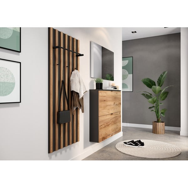 Antracīta pelēks/dabīga toņa atverams/piekarināms apavu plaukts ar ozolkoka imitāciju 100x85x19 cm Renell – Germania-image-1