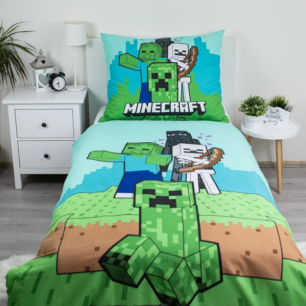 Zaļa/zila vienguļamā kokvilnas bērnu gultas veļa 140x200 cm Minecraft "Mobs Here" – Jerry Fabrics-image-1