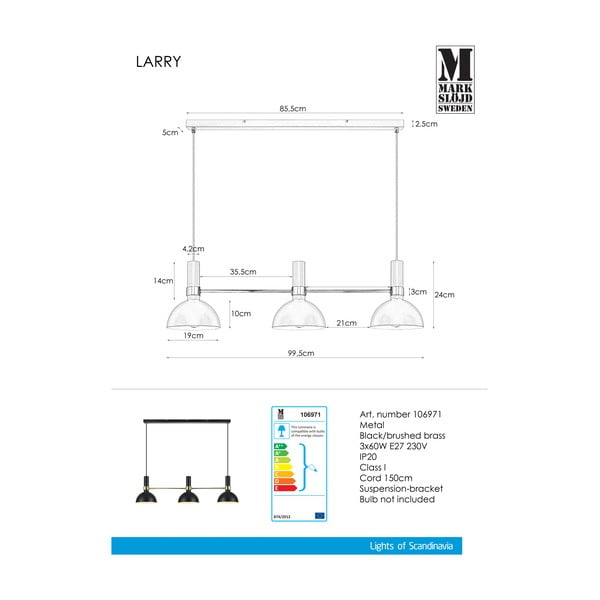 Melna trīsdaļīga griestu lampa Markslöjd Larry Black Gold-image-2
