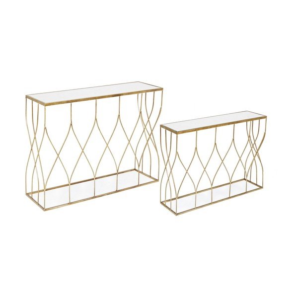 Zelta krāsas konsoles galdi (2 gab.) ar stikla galda virsmu 33x104 cm Elenor – Bizzotto