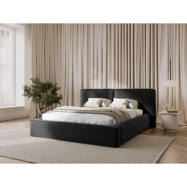 Tumši pelēka samta polsterēta divvietīga gulta ar veļas kasti un redelēm 200x200 cm Arendal – Cosmopolitan Design-image-1