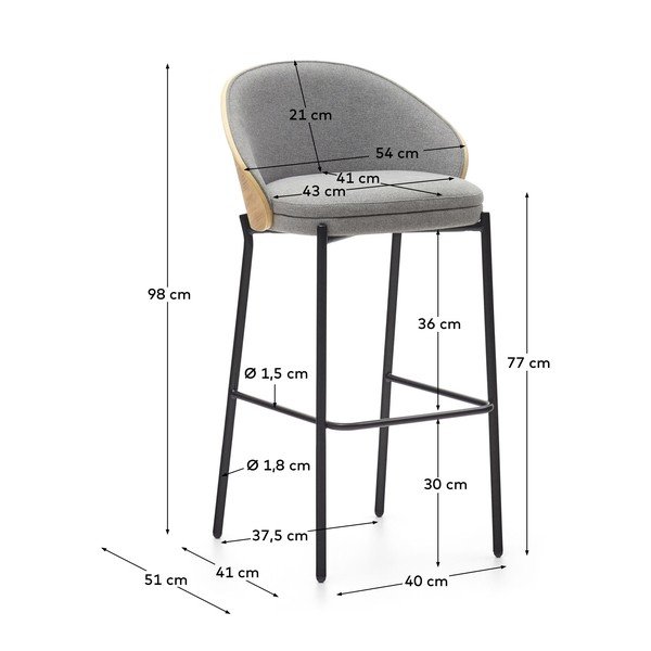 Pelēks/dabīga toņa bāra krēsls (sēdekļa augstums 77 cm) Eamy – Kave Home-image-3