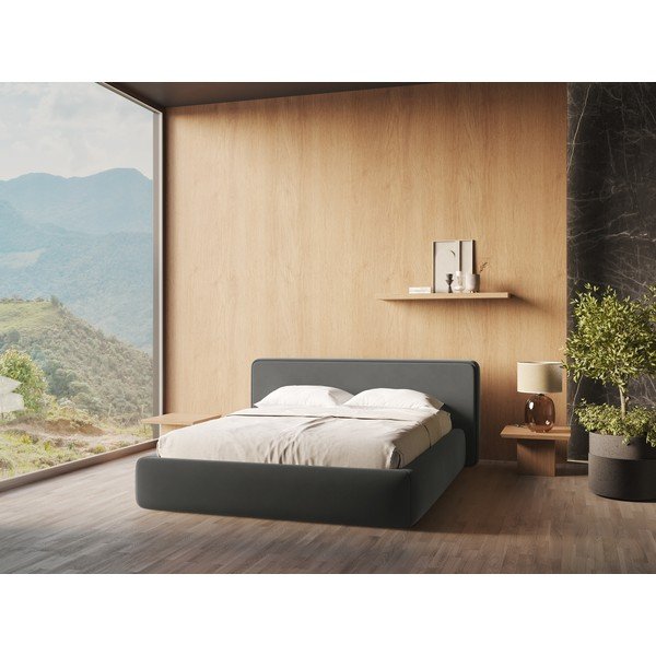 Tumši pelēka polsterēta divvietīga gulta ar veļas kasti un redelēm 140x200 cm Kiana – Makamii-image-1