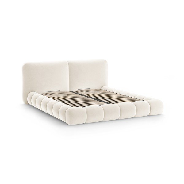 Ziloņkaula krāsas polsterēta divvietīga gulta ar veļas kasti un redelēm 160x200 cm Solange – Micadoni -image-3