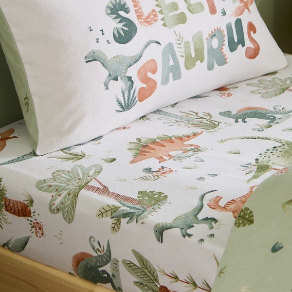 Krēmkrāsas vienguļamais flaneļa bērnu palags ar gumiju 90x190 cm Brushed Sleepy Saurus Dino – Catherine Lansfield