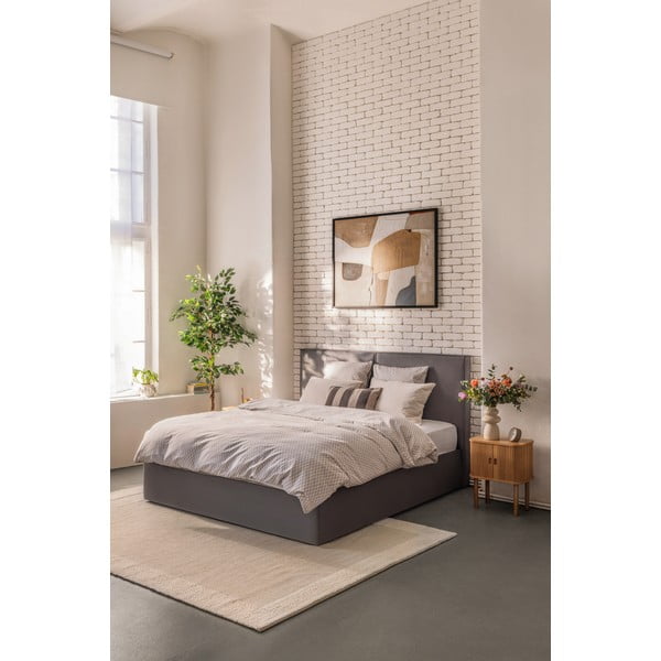 Pelēka polsterēta divvietīga gulta ar veļas kasti ar matraci un redelēm 160x200 cm Thessa Bold – Bonami Selection-image-1