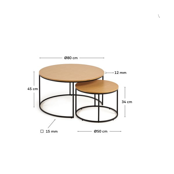 Apaļi žurnālgaldiņi ar ozolkoka imitācijas virsmu (2 gab.) ø 80 cm Yona – Kave Home-image-4