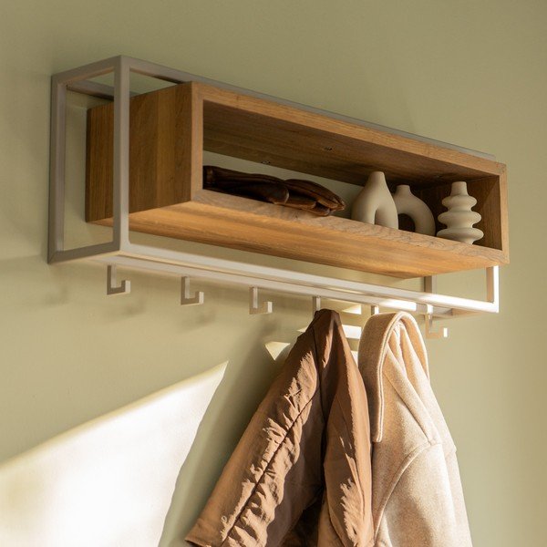 Dabīga toņa/pelēkbrūns ozola masīvkoka sienas pakaramais ar plauktu 78 cm School – Spinder Design-image-1