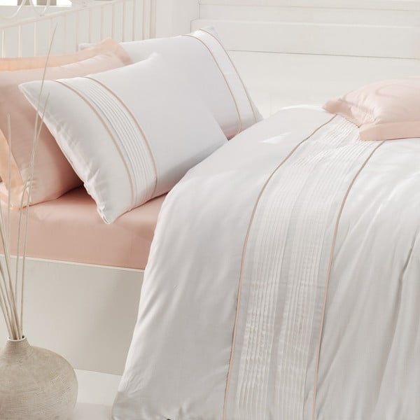 Gultas veļa ar gultas pārklāju, balta un rozā, 200x220 cm