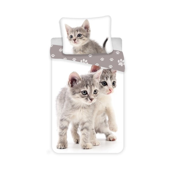 Balta/pelēka vienguļamā kokvilnas bērnu gultas veļa 140x200 cm Kitten "Grey" – Jerry Fabrics
