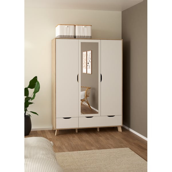 Balts/dabīga toņa drēbju skapis ar ozolkoka imitāciju un spoguli 147x201x58 cm Ikast – Tvilum-image-1