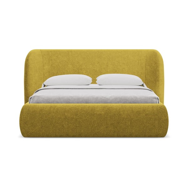 Sinepju dzeltena polsterēta divvietīga gulta ar veļas kasti un redelēm 160x200 cm Hauke – Makamii-image-3
