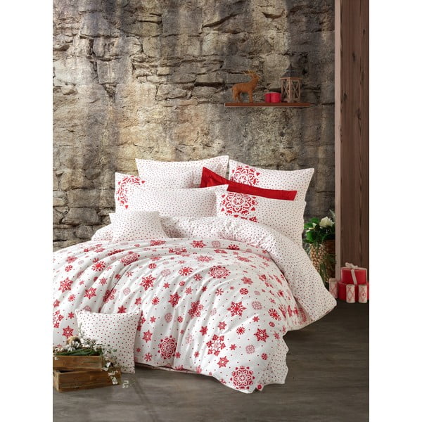 Vienvietīgas gultas gultas veļa ar palagu no ranforce kokvilnas Cotton Box Snowflake Red, 160 x 220 cm