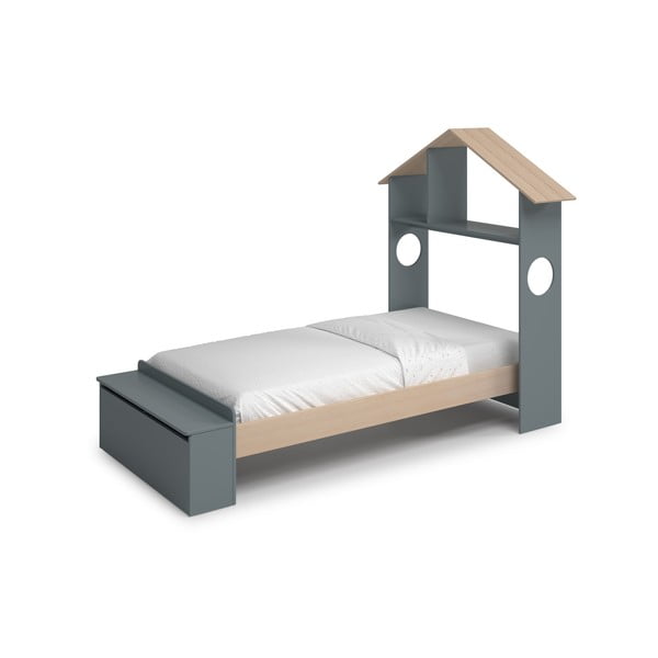 Dabīga toņa/dūmakaini zaļa bērnu gulta ar priedes koka imitāciju mājas formā ar veļas kasti ar redelēm 90x190 cm Odessa – Marckeric-image-2