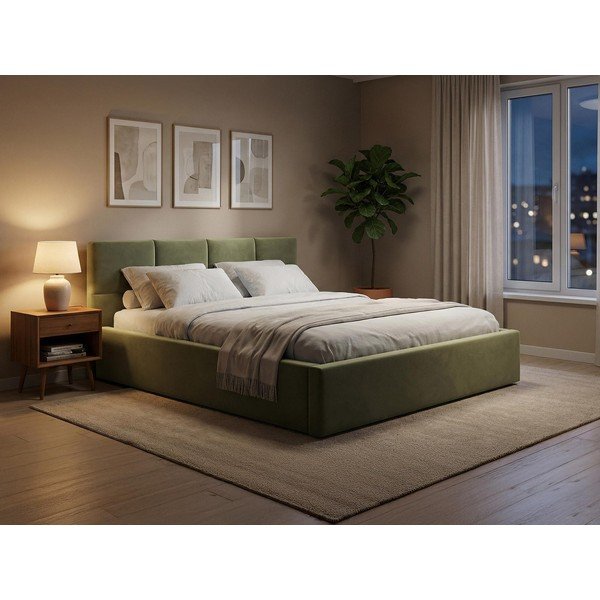 Zaļa samta polsterēta divvietīga gulta ar veļas kasti ar redelēm 140x200 cm Hiko – Makamii-image-1