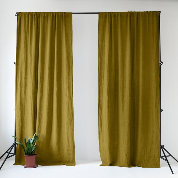 Okera dzeltens/zaļš lina aizkars 140x330 cm Moss Green – Linen Tales