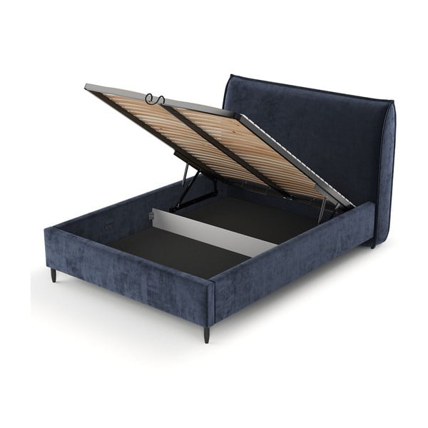 Tumši zila polsterēta divvietīga gulta ar veļas kasti un redelēm 140x200 cm Shell – Maison de Rêve-image-4