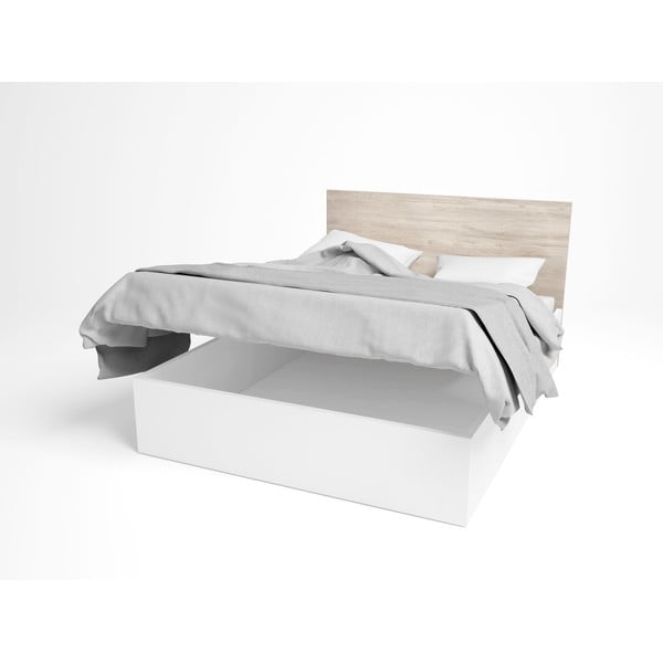 Balta/dabīga toņa divvietīga gulta ar ozolkoka imitāciju un veļas kasti 140x190 cm Sahara – Marckeric-image-3