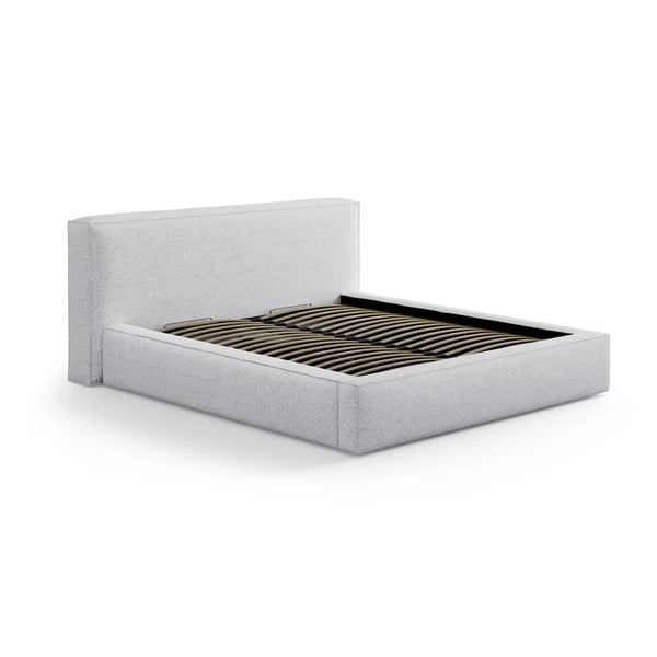 Gaiši pelēka polsterēta divvietīga gulta ar veļas kasti ar redelēm 140x200 cm Simon Olivia – Micadoni 