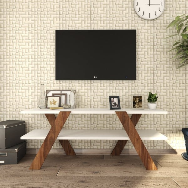 Balts/dabīga toņa TV galdiņš ar riekstkoka imitāciju 120x33 cm Basic – Kalune Design-image-1