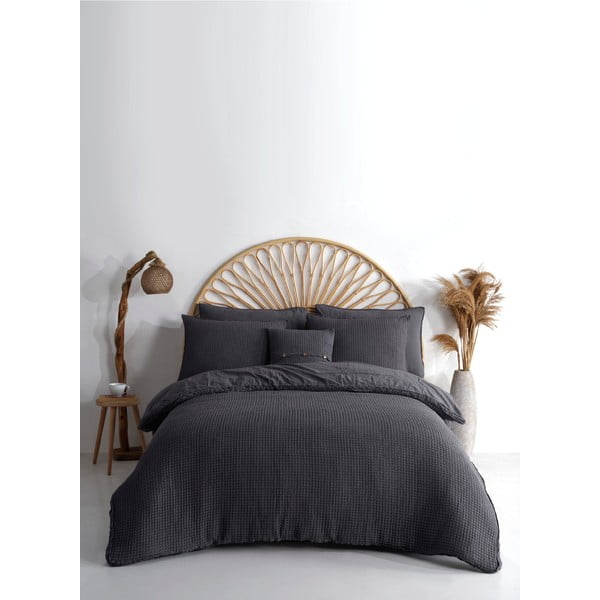 Antracīta pelēka divguļamā gultas veļa no ranforce kokvilnas 240x220 cm Waffle Striped – Mila Home Luxury