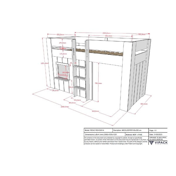 Balta priedes masīvkoka paaugstināta bērnu gulta 90x200 cm RENO – Vipack-image-3