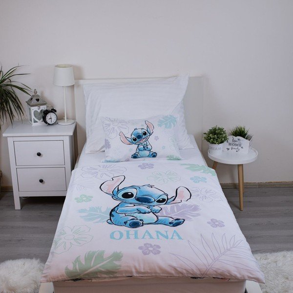 Balta kokvilnas bērnu gultas veļa 100x135 cm Lilo and Stitch "Ohana White" – Jerry Fabrics-image-1