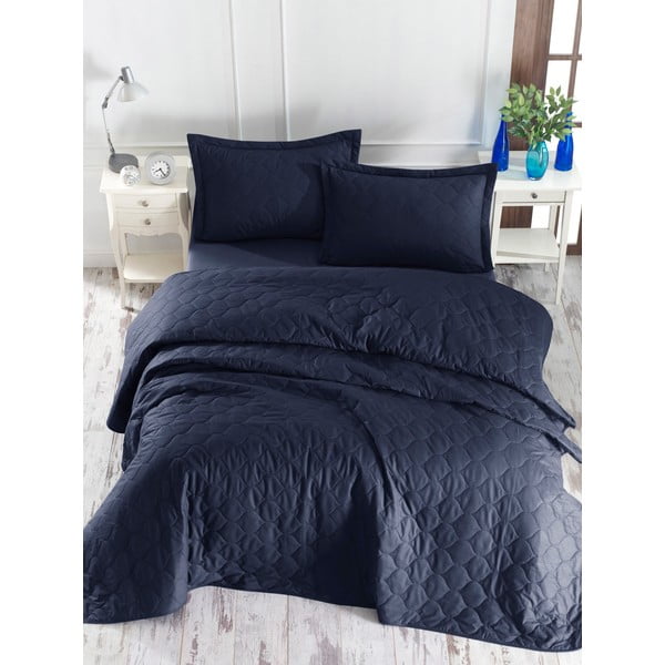 Tumši zils kokvilnas gultas pārklājs ar spilvendrānu EnLora Home Fresh, 180 x 225 cm